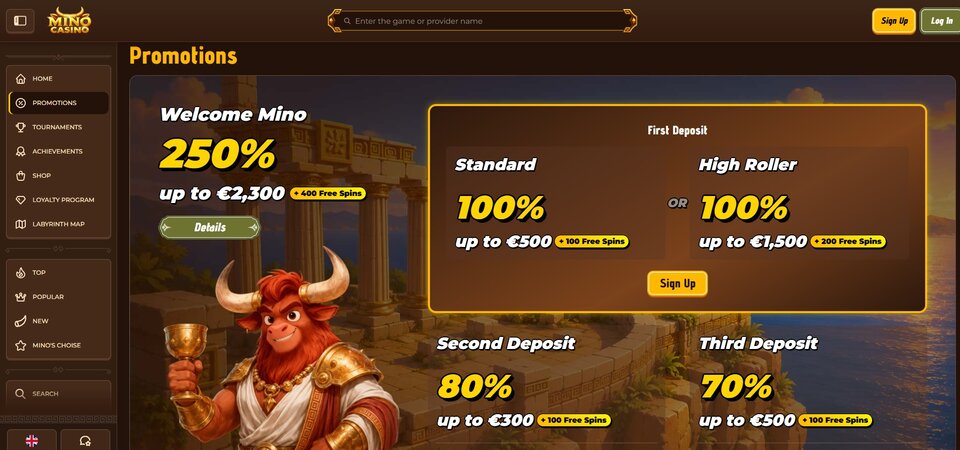 Screenshot of promotions at Mino Casino