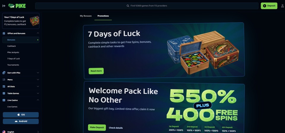 Screenshot of promotions at Pikecasino