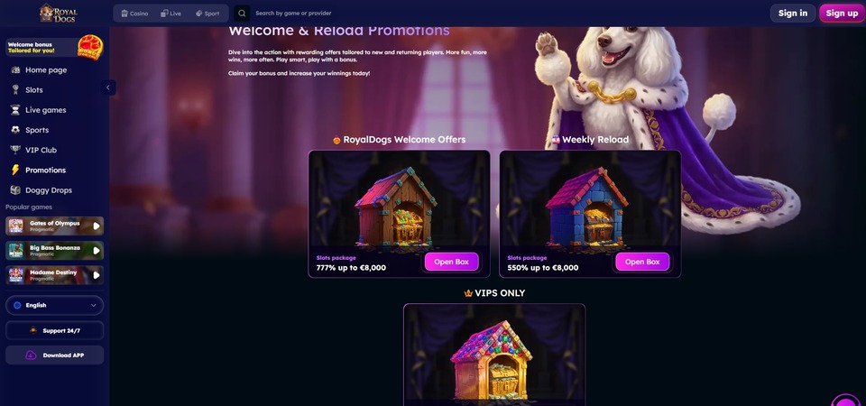 Screenshot of bonuses at Royaldogs