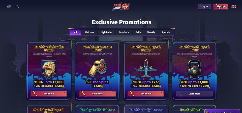 Screenshot of promotions at Spinlander