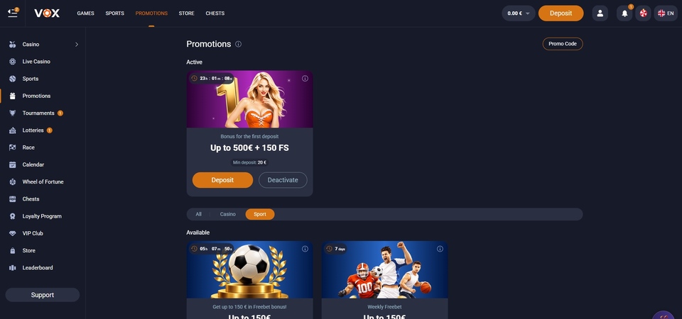 Screenshot of promotions at Vox Casino