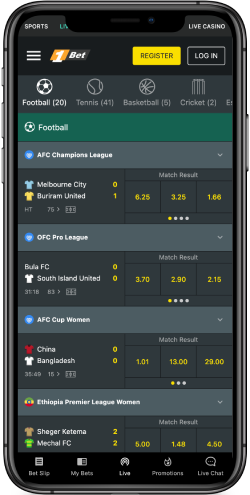 The mobile screenshot of 1Bet live sports page