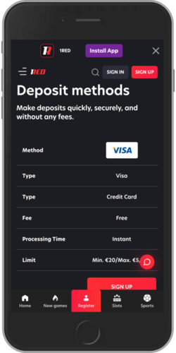 Screenshot of 1red app deposit page