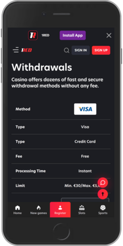 Screenshot of 1red app withdrawal page