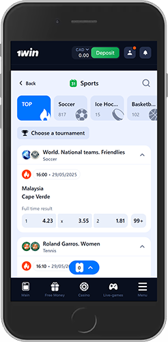 Mobile screenshot of the 1win sport page 1