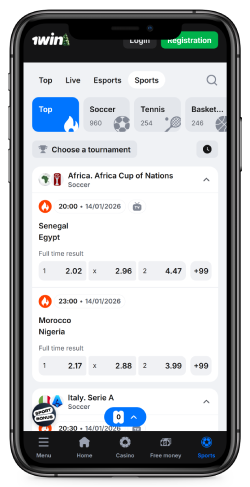 Mobile screenshot of the 1win sport page 1