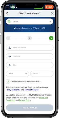 Mobile screenshot of the 20bet registration page 3