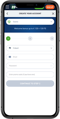 Mobile screenshot of the 20bet registration page 1