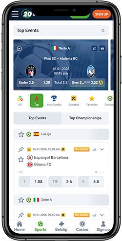 Mobile screenshot of the 20bet sport page 1