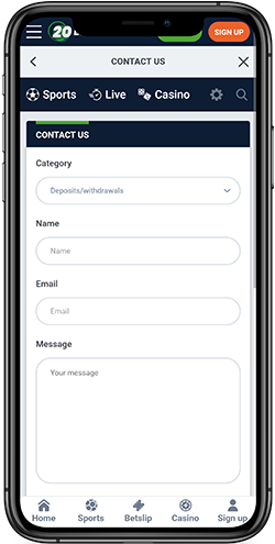 Mobile screenshot of the 20bet support page