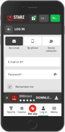 Mobile screenshot of the 888Starz login page