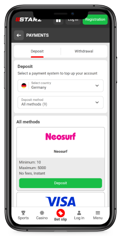 Mobile screenshot of the 888Starz payment methods