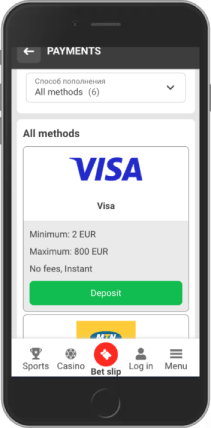 Mobile screenshot of the 888Starz payment methods