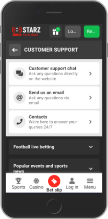 Mobile screenshot of the 888Starz Contact page