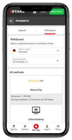 Mobile screenshot of the 888Starz Withdrawal methods