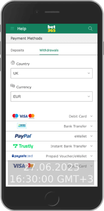 Mobile Screenshot of bet365 payments page