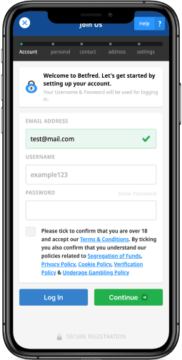 Screenshot of the Betfred register page