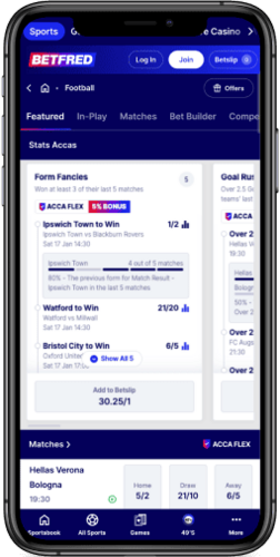 Screenshot of the Betfred sport page