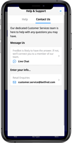 Screenshot of the Betfred support page
