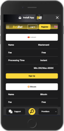 Mobile screenshot of the BetiBet payment methods
