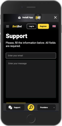 Mobile screenshot of the BetiBet Support page
