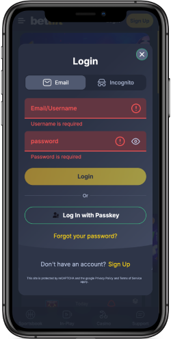 Mobile screenshot of the bettilt mobile login