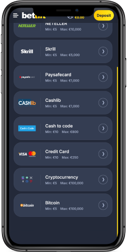 Mobile screenshot of the Bettilt payment methods