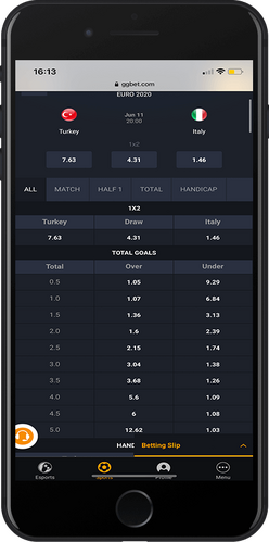 Mobile screenshot of the GGBet betting page