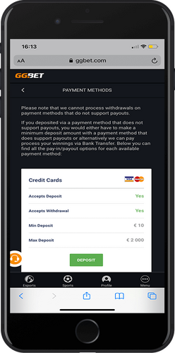 Mobile screenshot of the GGBet payment methods