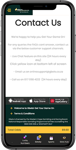 Mobile screenshot of the Gbets support page