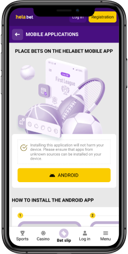 Mobile screenshot of the Helabet page with app downloading option