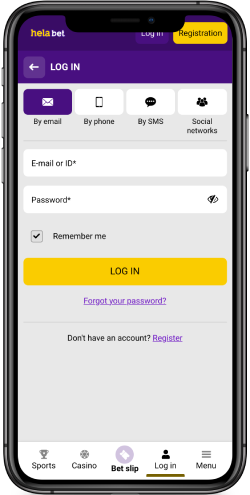 Mobile screenshot of the Helabet login page with options
