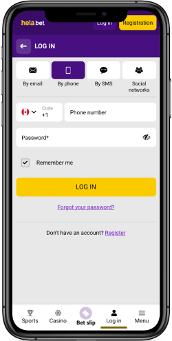 Mobile screenshot of the Helabet login page with options 2