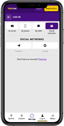 Mobile screenshot of the Helabet login page with options 3