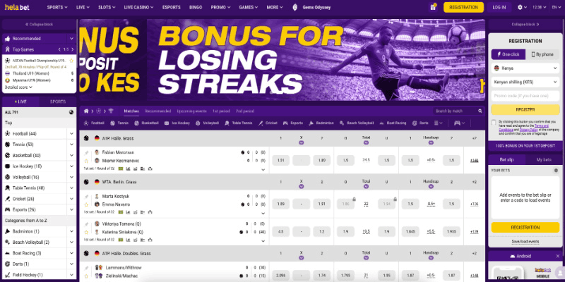 Screenshot of the bookmaker's Helabet main page