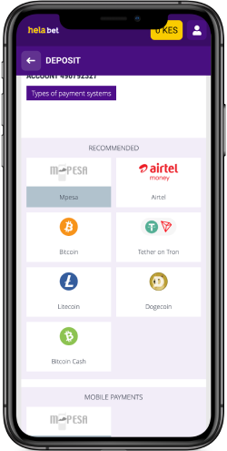 Mobile screenshot of the Helabet deposit page