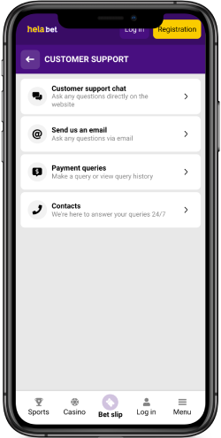 Mobile screenshot of the Helabet support page