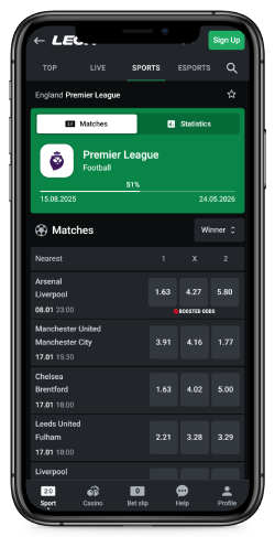 Mobile screenshot of the Leonbets sports betting
