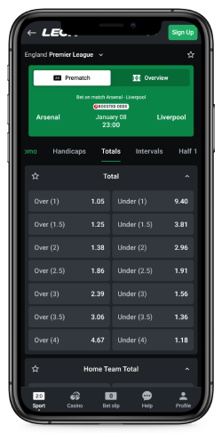 Mobile screenshot of the Leonbets total betting