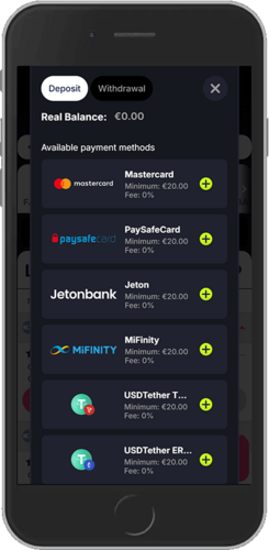 Mobile screenshot of the Lunubet Deposit Methods