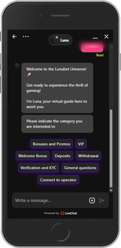 Mobile screenshot of the Lunubet support chat 1