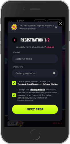 Mobile screenshot of the Lunubet registration page 1