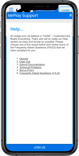 Mobile screenshot of the Mr. Play payment support page