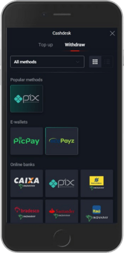 Mobile screenshot of the Pin-Up payment methods