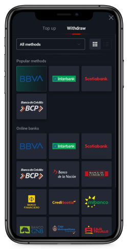 Mobile screenshot of the Pin-Up payment methods