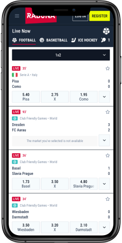 Mobile screenshot of the Rabona live sport page