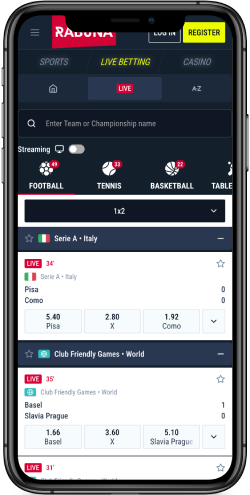 Mobile screenshot of the Rabona live sport page 2