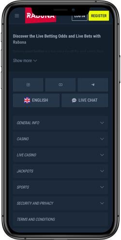Mobile screenshot of the Rabona support page
