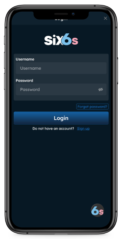 Mobile screenshot of the Six6s login page