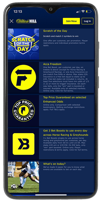 Mobile screenshot of the William Hill bonus page